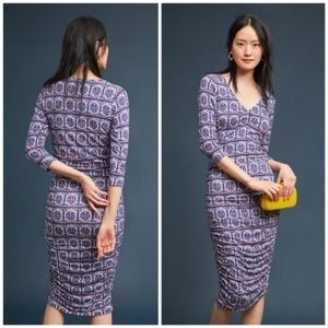 Anthropologie Purple and White Printed V-Neck Midi Dress